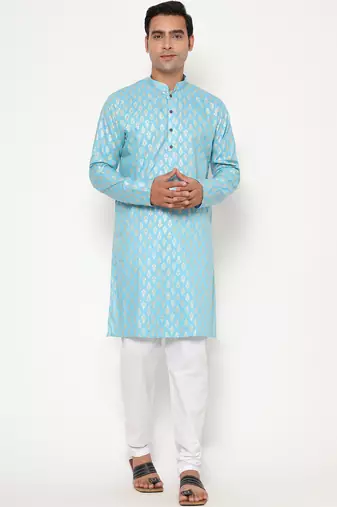 Men's festive blue printed kurta with white churidar