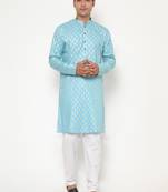 Men's festive blue printed kurta with white churidar