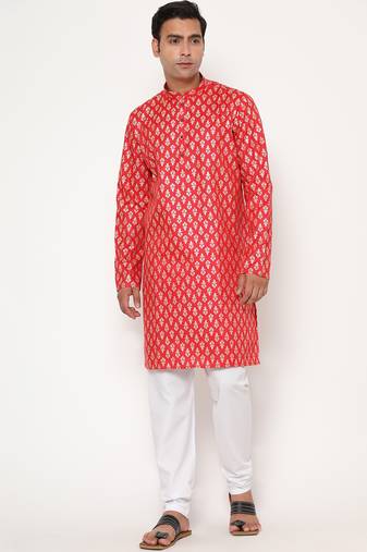 Men's festive red printed kurta with white churidar