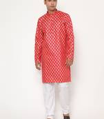 Men's festive red printed kurta with white churidar