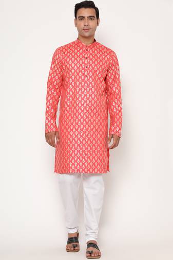 Men's festive peach printed kurta with white churidar