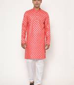 Men's festive peach printed kurta with white churidar