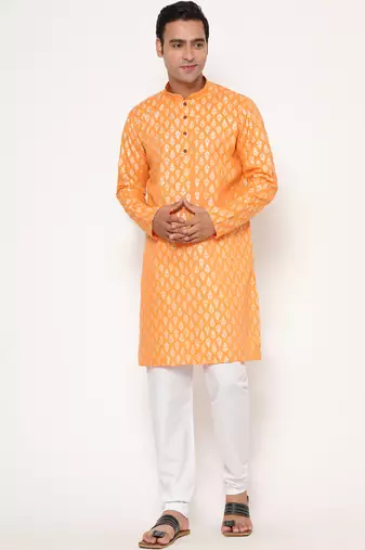 Men's festive orange printed kurta with white churidar