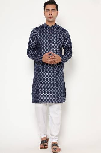 Men's festive navy blue printed kurta with white churidar