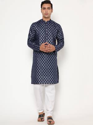 Men's festive navy blue printed kurta with white churidar 1