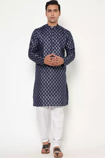 Men's festive navy blue printed kurta with white churidar