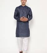 Men's festive navy blue printed kurta with white churidar