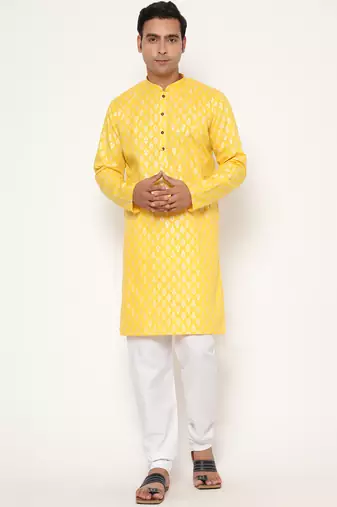 Men's festive lemon yellow printed kurta with white churidar