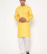 Men's festive lemon yellow printed kurta with white churidar