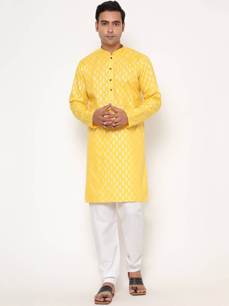 Men's festive lemon yellow printed kurta with white churidar