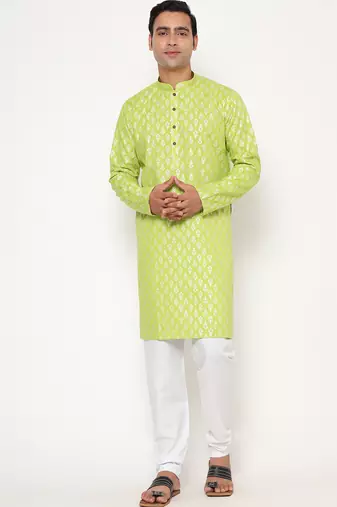Men's festive green printed kurta with white churidar
