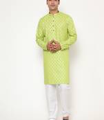 Men's festive green printed kurta with white churidar