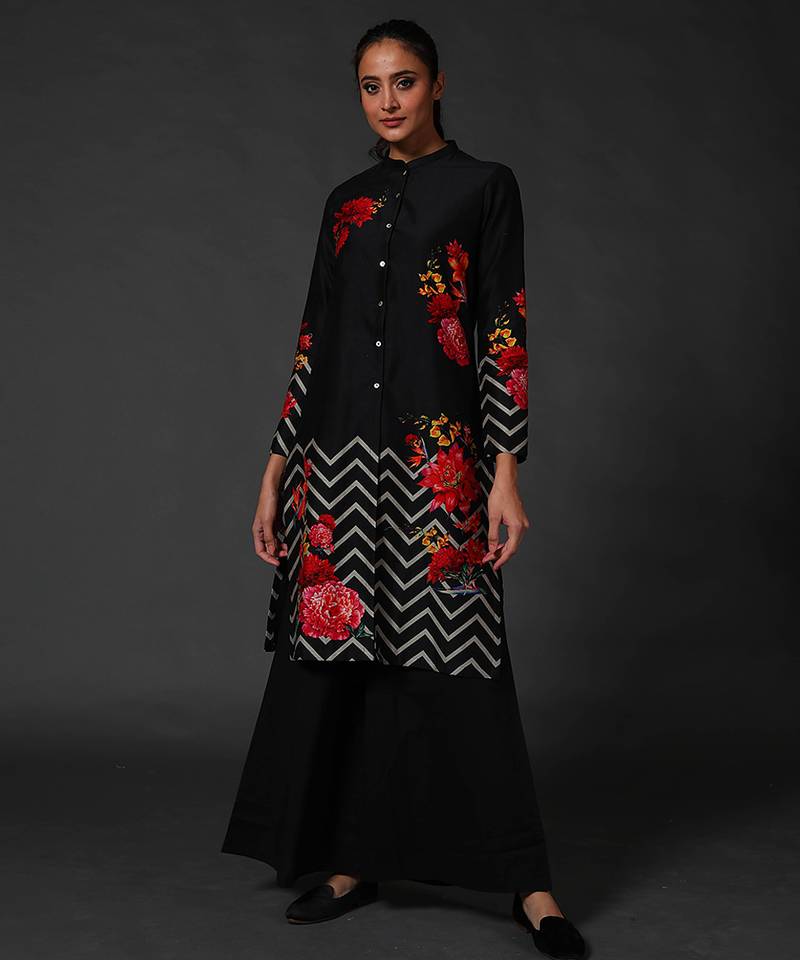 Black floral printed chanderi kurta set