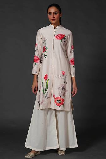 White floral printed chanderi kurta set