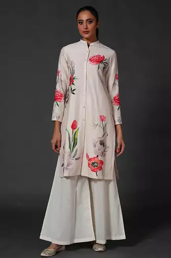 White floral printed chanderi kurta set