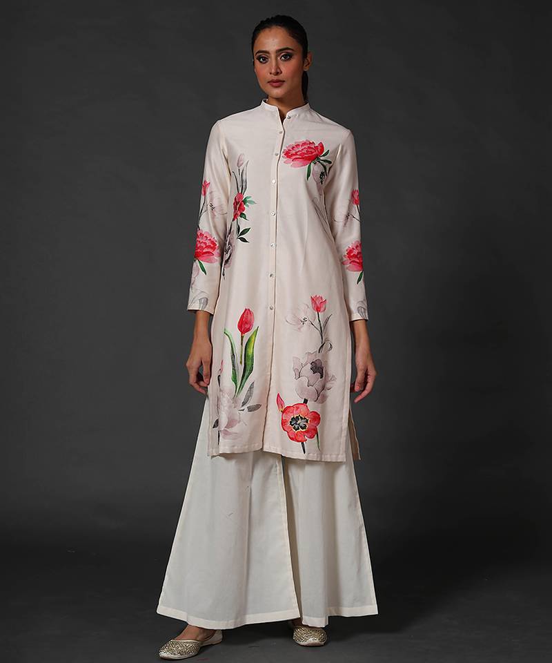 White floral printed chanderi kurta set