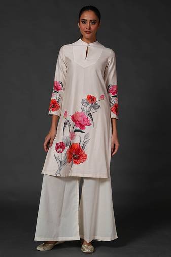 White floral printed chanderi kurta set