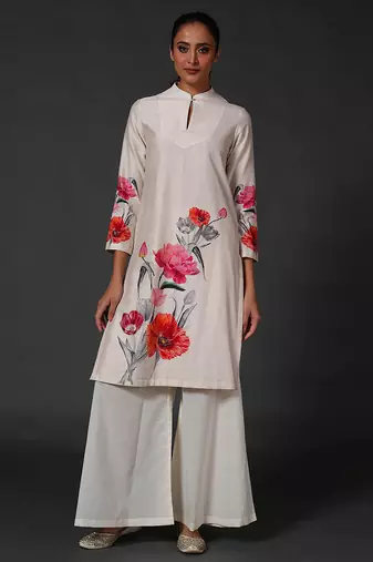 White floral printed chanderi kurta set