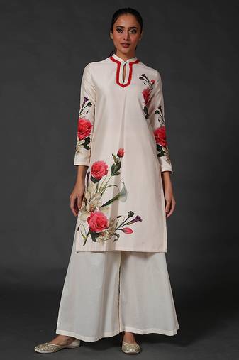 White floral printed chanderi kurta set