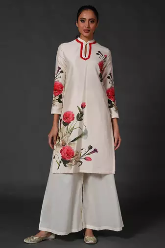 White floral printed chanderi kurta set