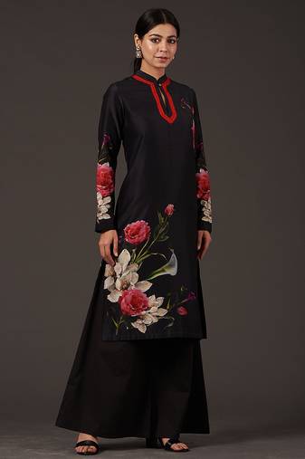 Black floral printed chanderi kurta set