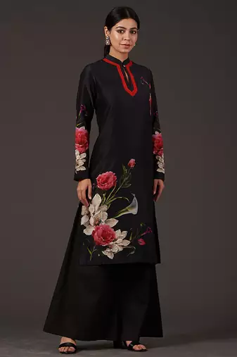 Black floral printed chanderi kurta set