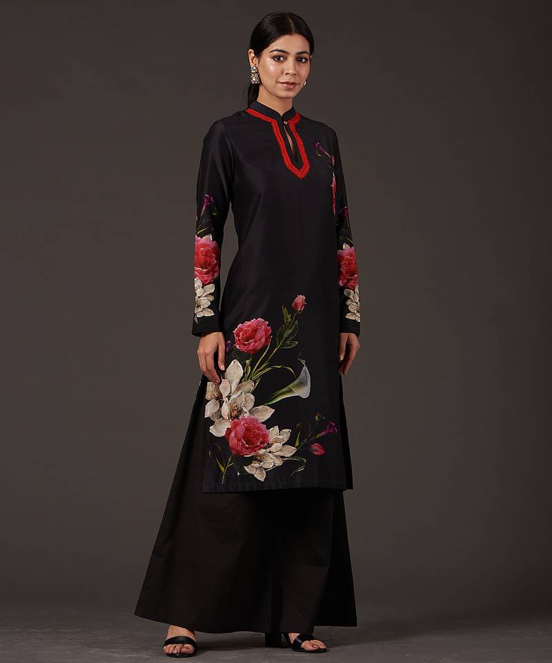 Black floral printed chanderi kurta set