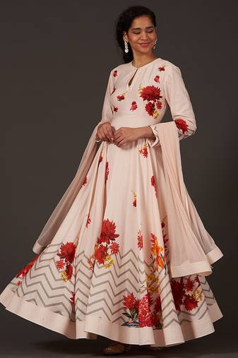 White floral printed chanderi anarkali