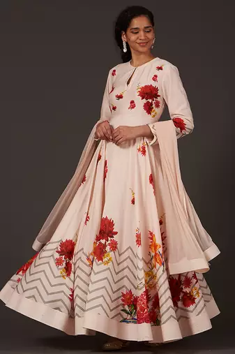 White floral printed chanderi anarkali