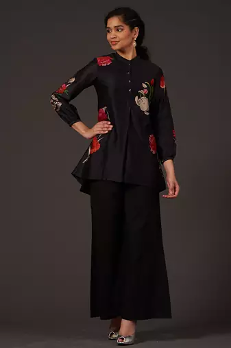 Black floral printed chanderi kurta set