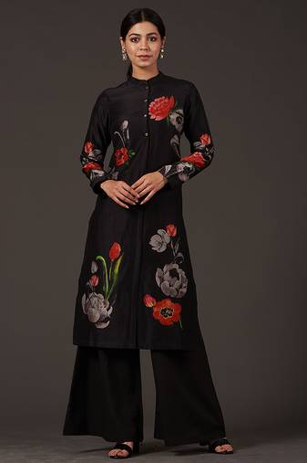 Black floral printed chanderi kurta set