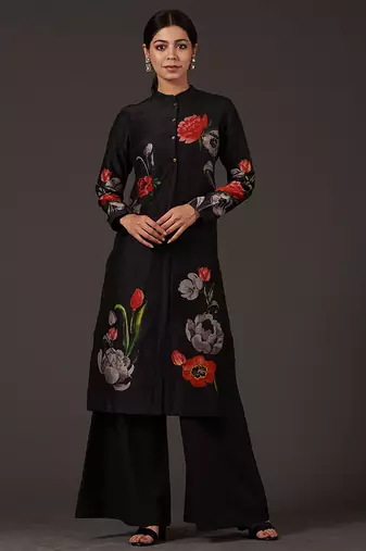 Black floral printed chanderi kurta set