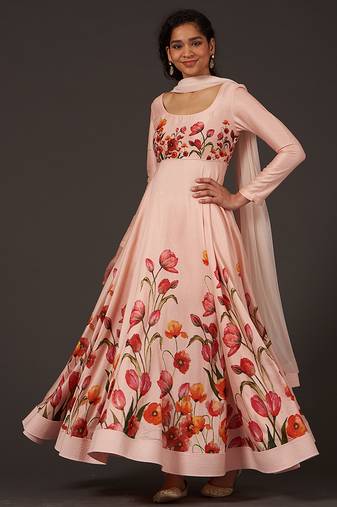 Rose floral printed chanderi anarkali
