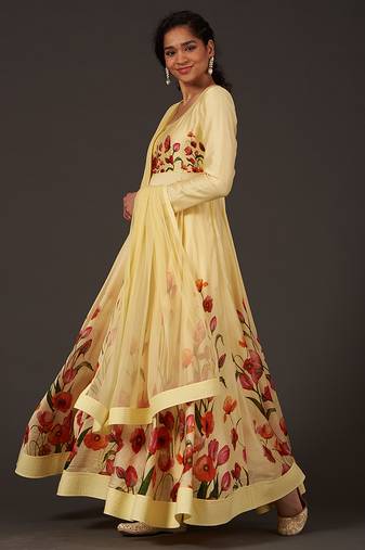 Yellow floral printed chanderi anarkali