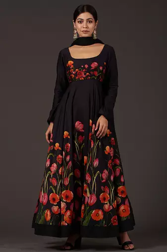 Black floral printed chanderi anarkali