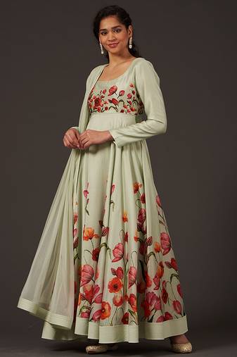 Green floral printed chanderi anarkali