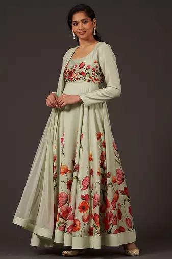 Green floral printed chanderi anarkali