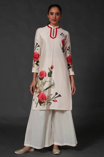 White floral printed chanderi kurta set