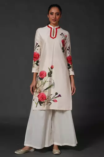 White floral printed chanderi kurta set