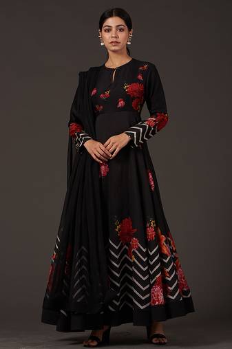 Black floral printed chanderi anarkali
