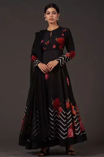 Black floral printed chanderi anarkali
