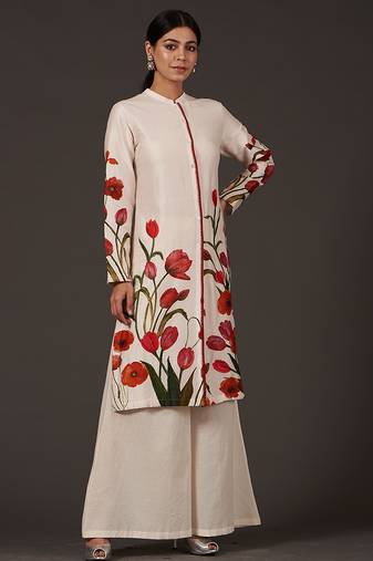 White floral printed chanderi kurta set