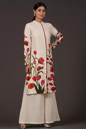 White floral printed chanderi kurta set