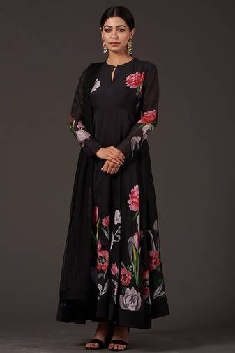 Black floral printed chanderi anarkali