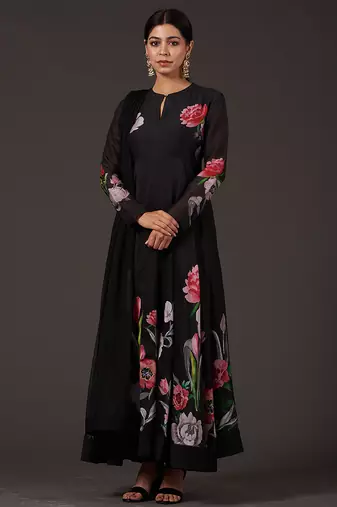 Black floral printed chanderi anarkali