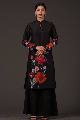 Black floral printed chanderi kurta set