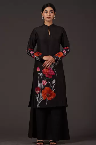 Black floral printed chanderi kurta set