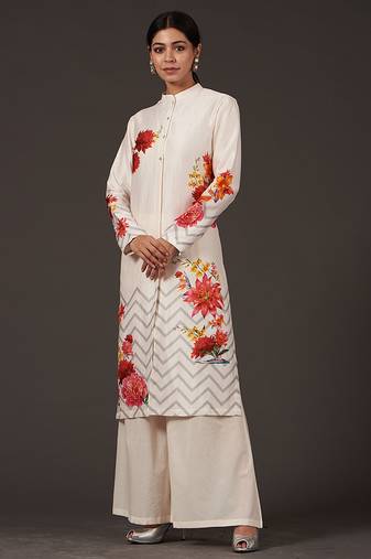 White floral printed chanderi kurta set