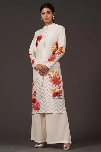 White floral printed chanderi kurta set