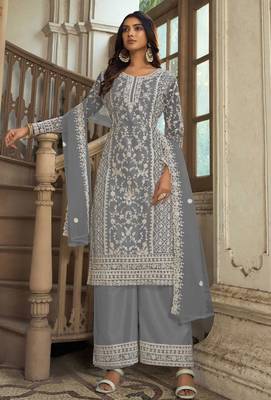 Grey embroidery & sequins work net straight palazzo suit - semi-stitched 1